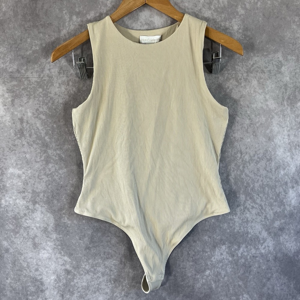 House of Harlow 1960 Bodysuit Womens Small Cream Ribbed Sleeveless Crew Neck